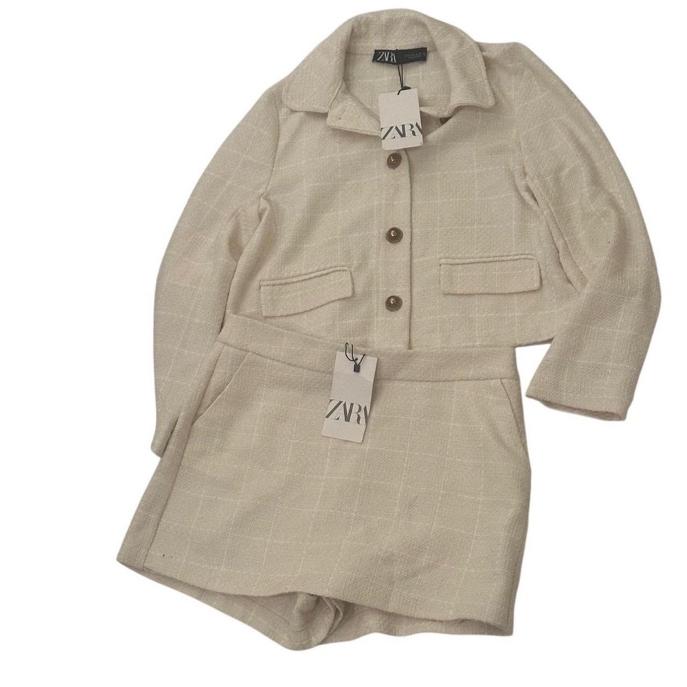 Zara cream plaid blazer jacket and skirt set